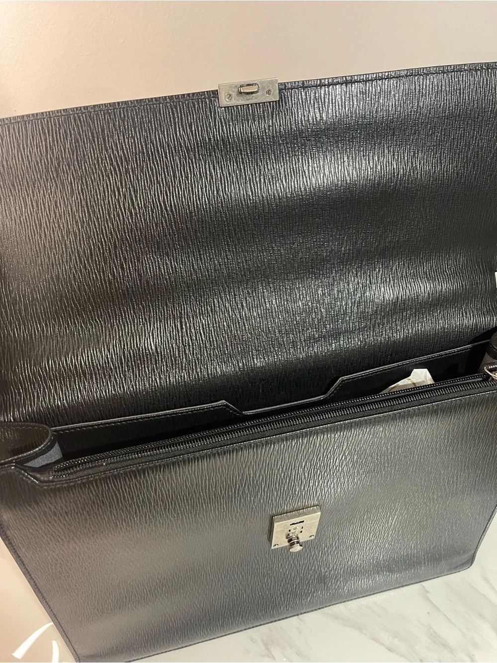 Salvatore Ferragamo Black Textured Leather Briefcase with Silver Hardware
